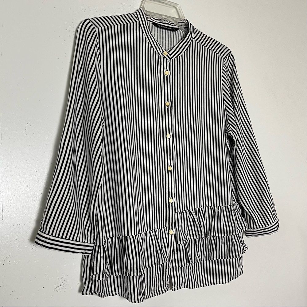 Zara Basic Vertical Striped Top Standing Collar T… - image 3